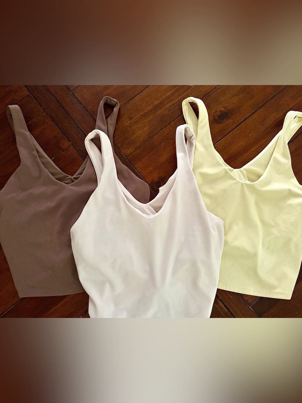 **Bundle of 3**
All in Motion v-neck flex tank in taupe, white, & yellow